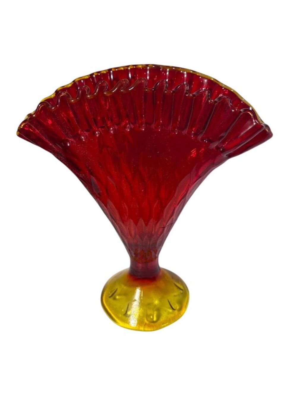 Vintage Amberina Glass Fan Vase Ruffled Edge & Textured Red & Amber Gradient 8”